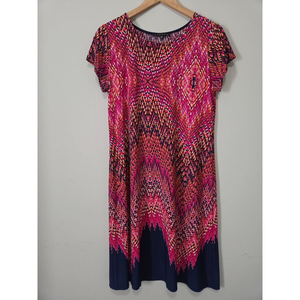 Tiana B Womens Pink Orange Geometric Print Shift Dress Navy Hem Size 12